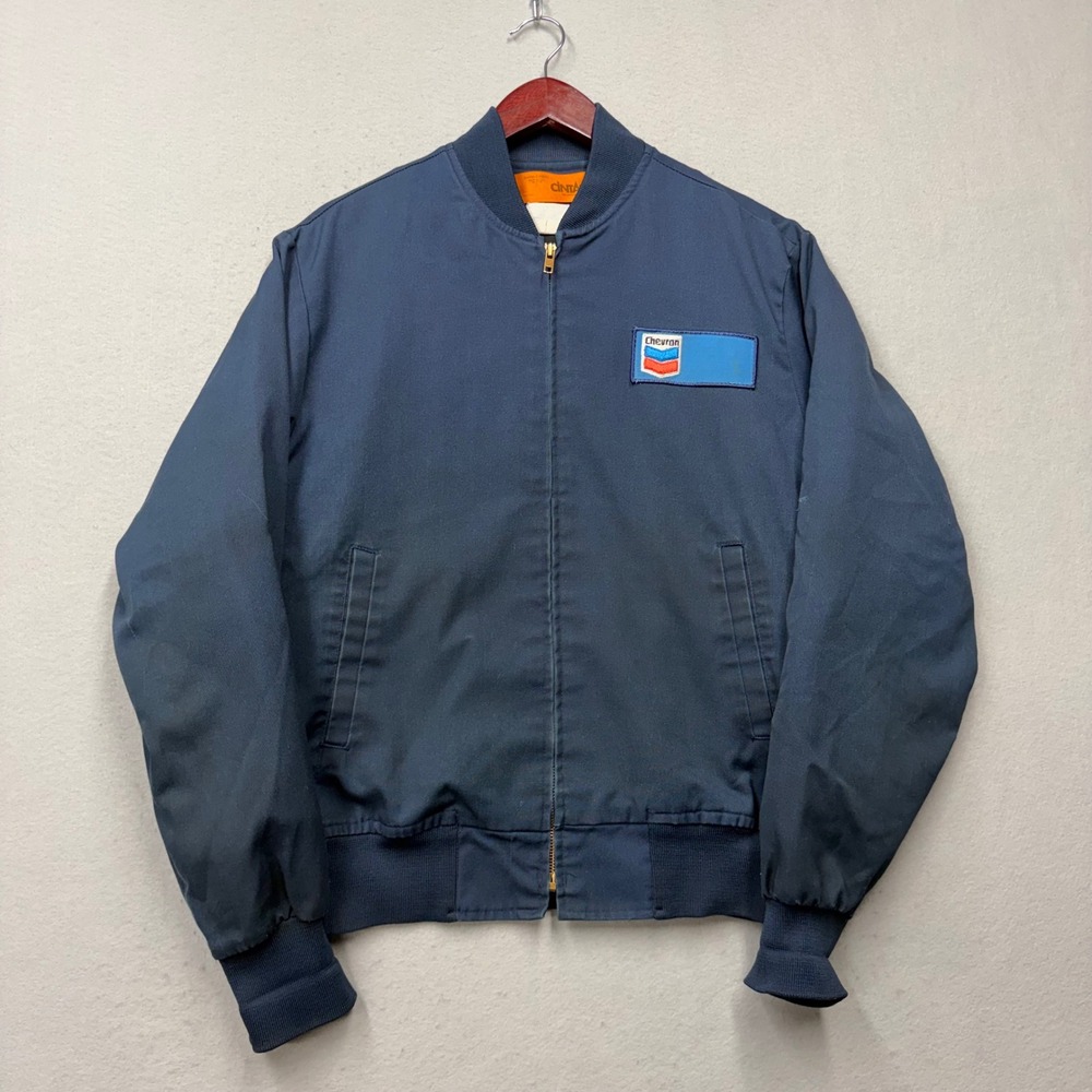 Cintas Work Jacket Mens M Navy Blue Chevron Gas Station Vintage 70s Quilted Zip